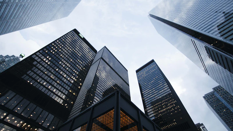 Commercial office towers seen from below