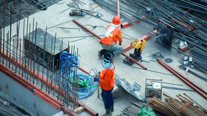 Construction workers on a site laid out with reinforcement steel