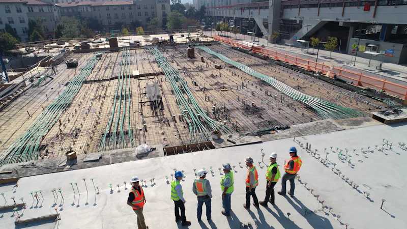 Freshly poured concrete slab with a crew inspecting the surface