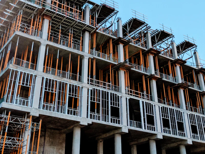 Reinforced cement concrete frame of a mid-rise building with formwork still in place