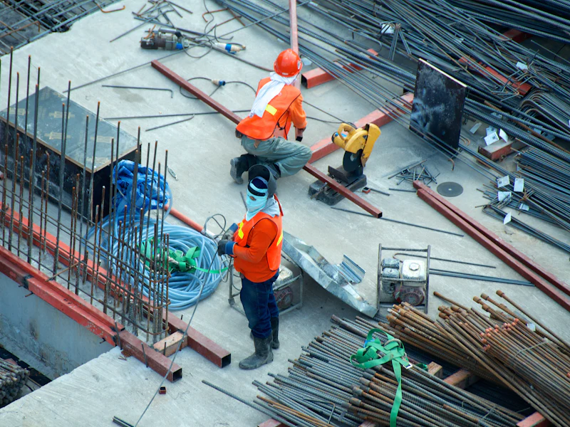 Workers laying out a dense grid of reinforcement bars before a concrete pour