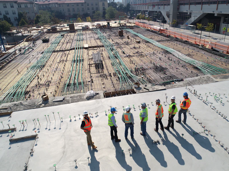 Site engineers walking a newly cast concrete slab beside exposed reinforcement