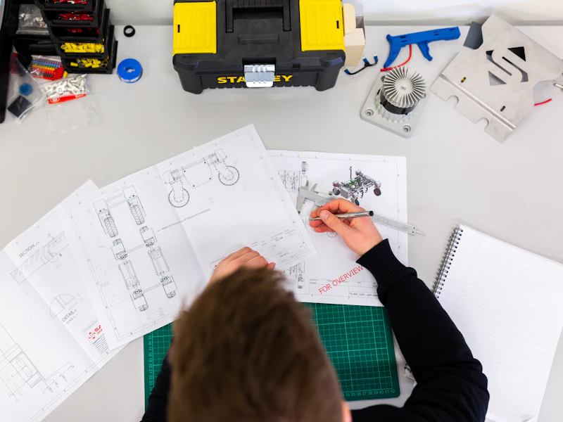 Draughtsman marking up technical drawings at a workbench