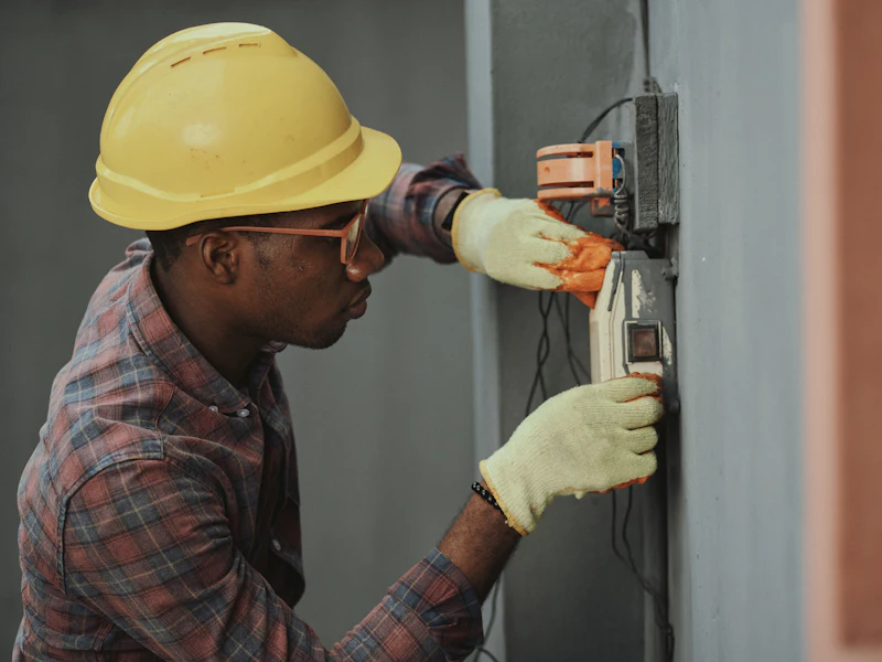 Worker in a hard hat and gloves fitting an electrical box to a finished concrete wall